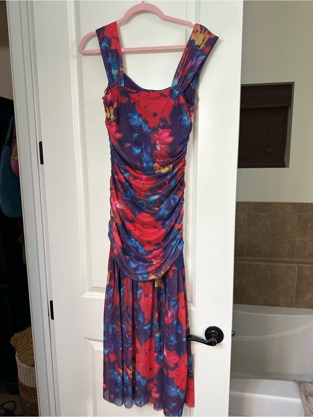 Amazon Pink Floral Mesh Maxi Dress with Blue Accents - Picture 6 of 13
